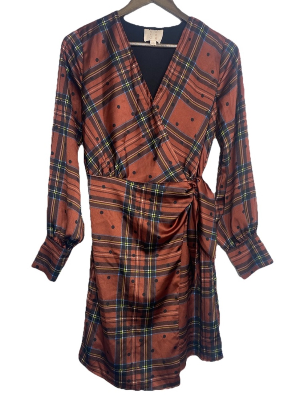 Anthropologie Nurode Women's Long Sleeve Plaid Wrap Dress Red and Black small
